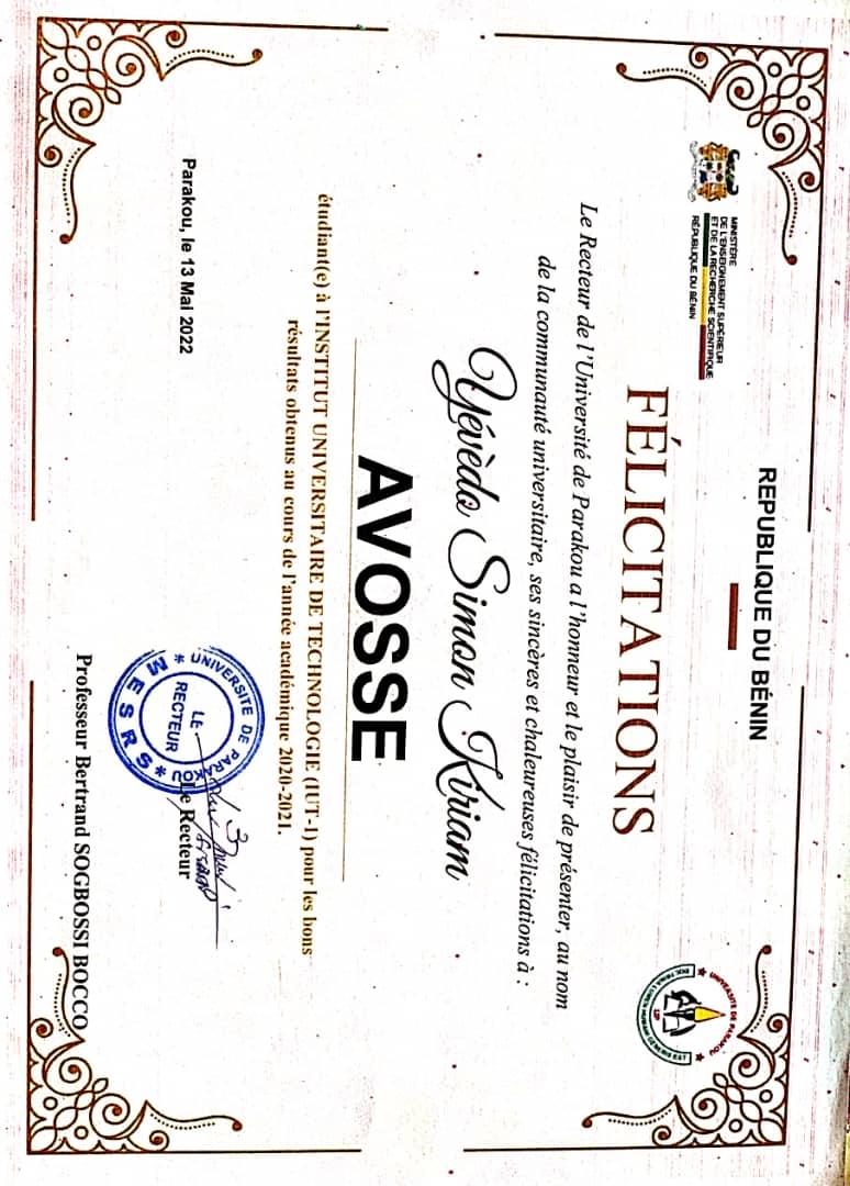 Lettre de félicitations – Rectorat de l’Université de Parakou